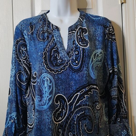 New Directions 3/4 Puff Sleeve Paisley Print Split Neck Tunic Sz M - Picture 3 of 6